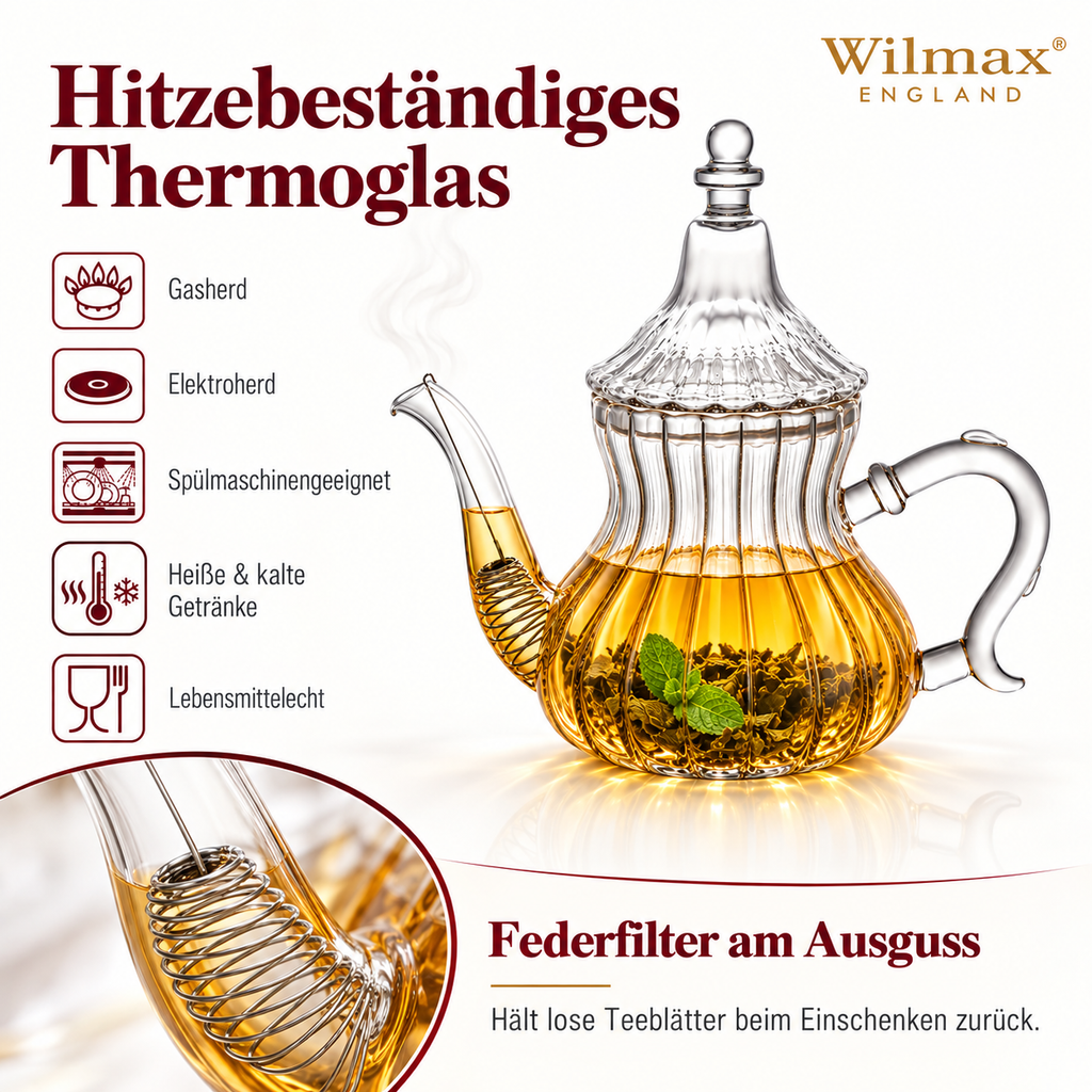 Wilmax Teekanne 850 ml Transparent aus Thermoglas Moroccan Style