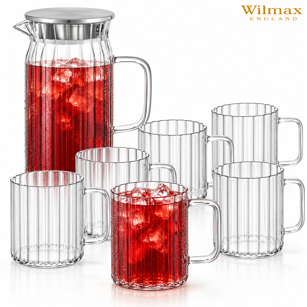 Wilmax Getränkeset 7-teilig mit Krug 1500 ml mit Edelstahldeckel und 6 hitzebeständige Glasbecher mit Henkel 400 ml aus Glas