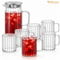 Wilmax Getränkeset 7-teilig mit Krug 1500 ml mit Edelstahldeckel und 6 hitzebeständige Glasbecher mit Henkel 400 ml aus Glas