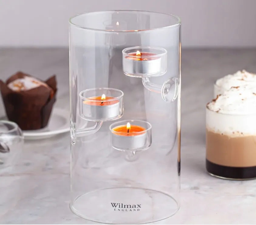Wilmax Teelichthalter für 3 Teelichter 20 cm Transparent aus Glas