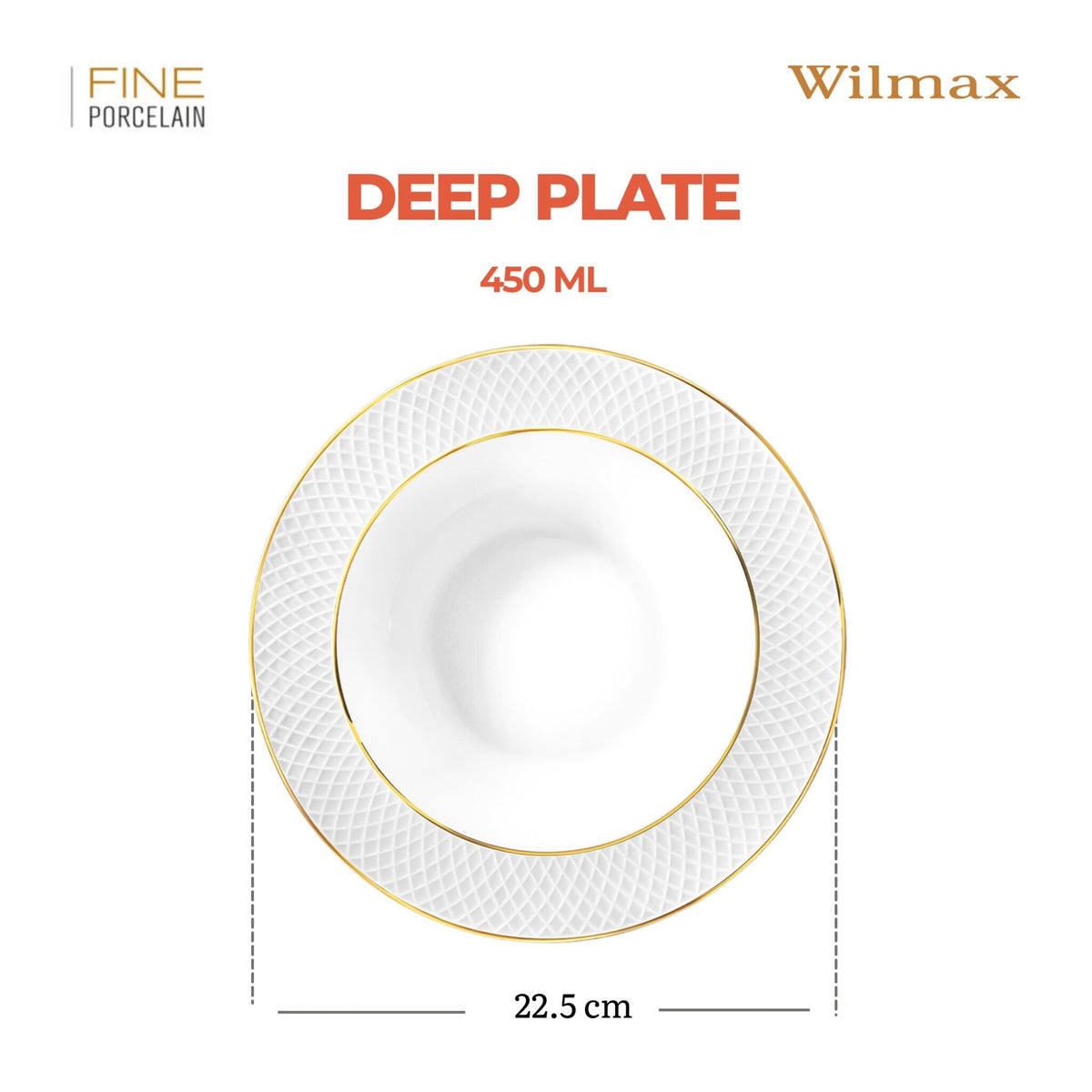 Wilmax Tiefer Teller 22,5 cm Weiß mit Goldrand aus Porzellan