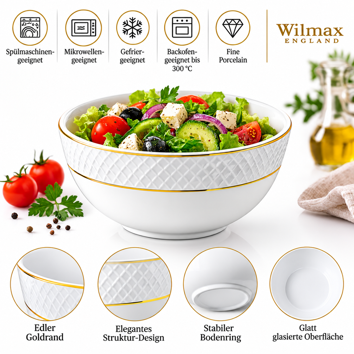 Wilmax Schale 600 ml 14 cm 2er-Set Weiß mit Goldrand aus Porzellan