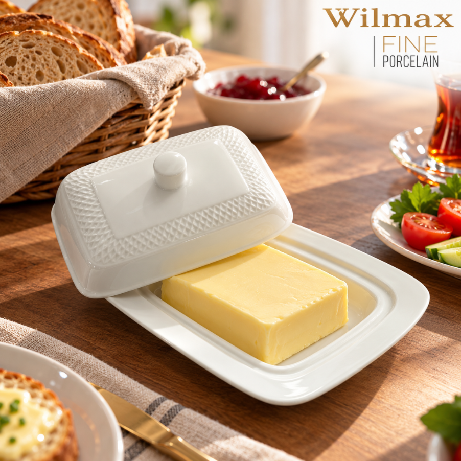 Wilmax Butterdose mit Deckel 18,5 × 12,5 × 7,5 cm Weiß aus Porzellan