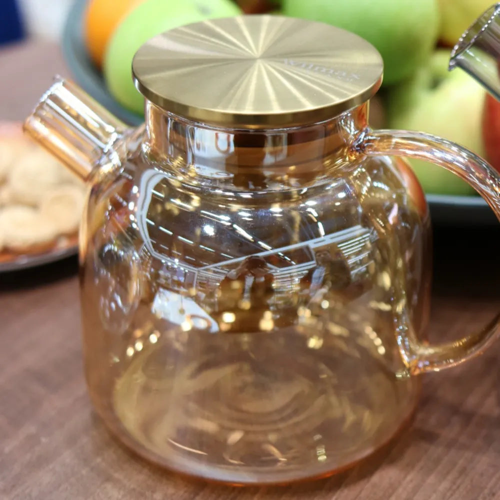 Wilmax Teekanne 1200 ml mit Federfilter und mit Edelstahldeckel Gold aus Thermoglas