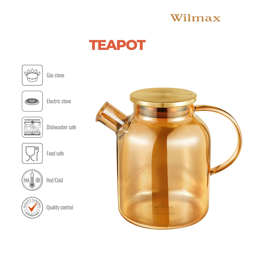 Wilmax Teekanne 1600 ml mit Federfilter und mit Edelstahldeckel Gold aus Thermoglas