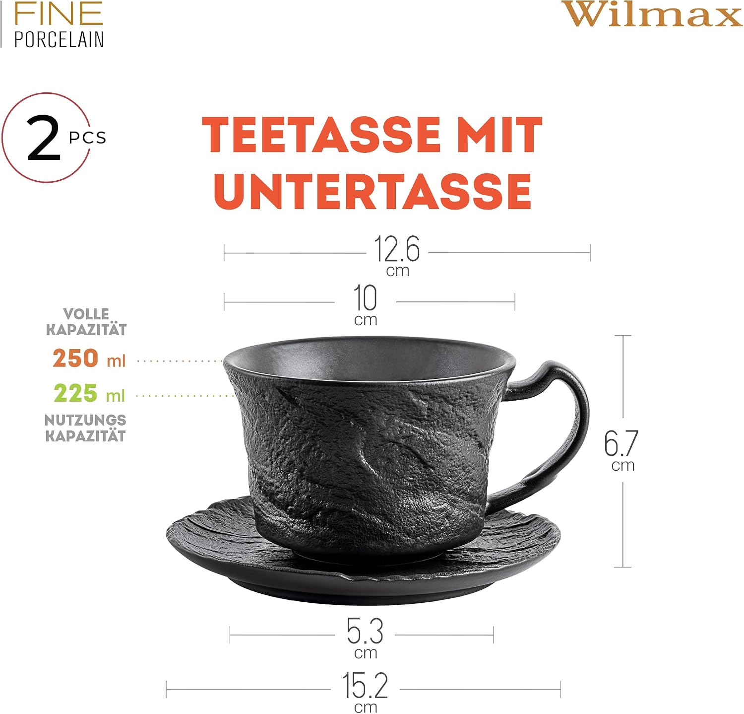 Wilmax Tasse mit Untertasse 250 ml 2er-Set Schwarz aus Porzellan
