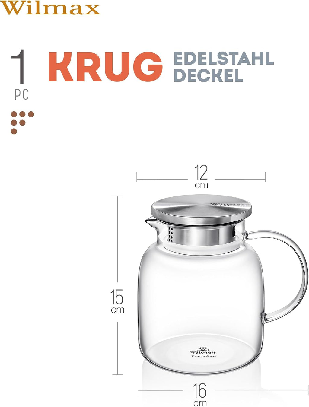 Wilmax Krug 1000 ml mit Edelstahldeckel und Filter Transparent aus Thermoglas