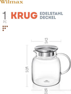 Wilmax Krug 1000 ml mit Edelstahldeckel und Filter Transparent aus Thermoglas