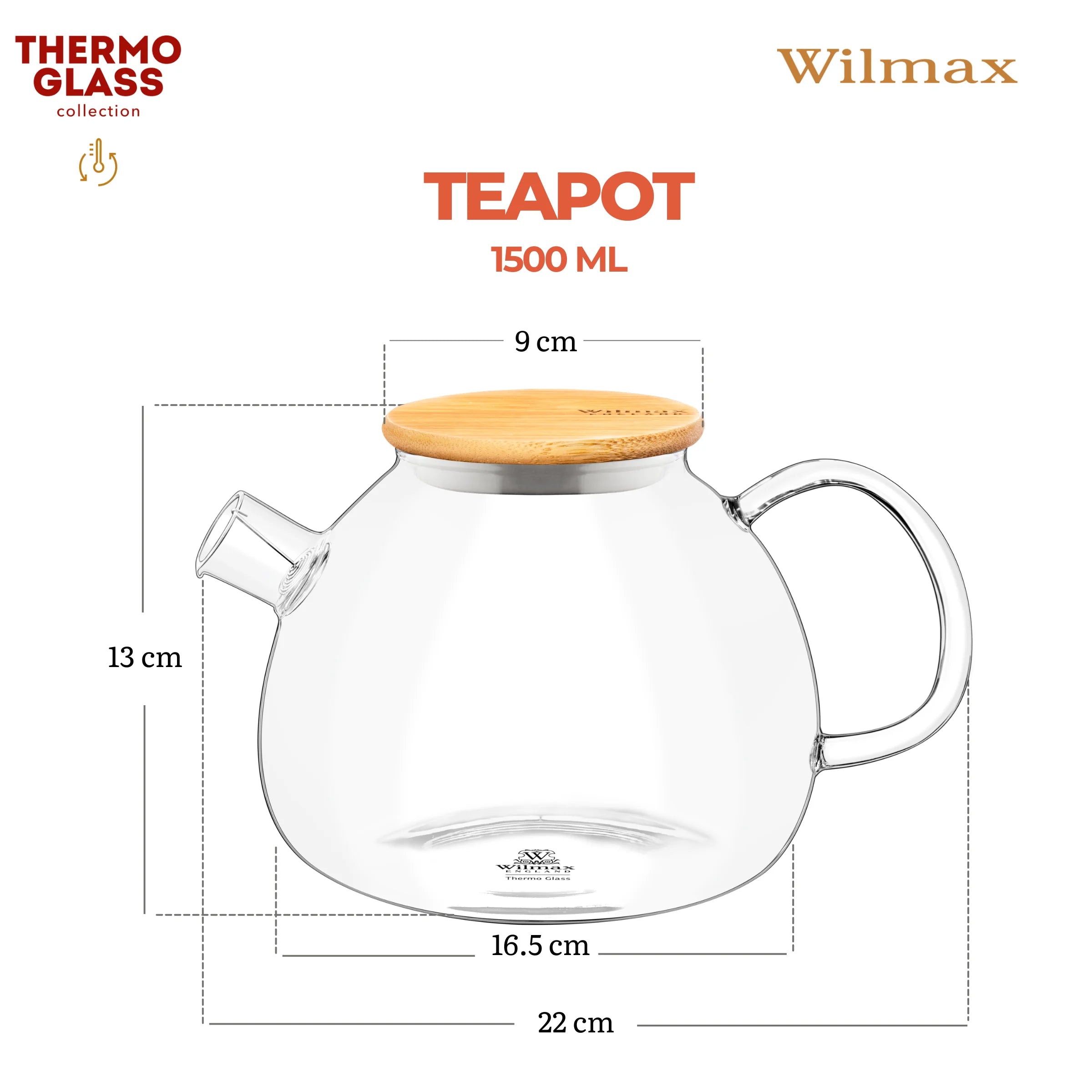 Wilmax Teekanne 1500 ml mit Federfilter und Bambusdeckel Transparent aus Thermoglas