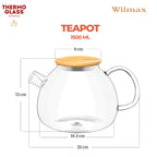 Wilmax Teekanne 1500 ml mit Federfilter und Bambusdeckel Transparent aus Thermoglas