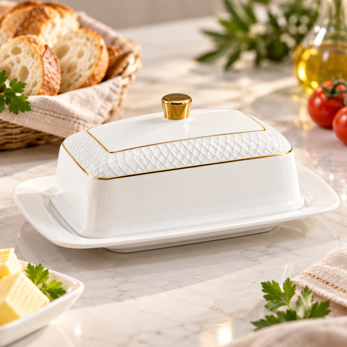 Wilmax Butterdose 18,5 × 12,5 × 7,5 cm Weiß mit Goldrand aus Porzellan