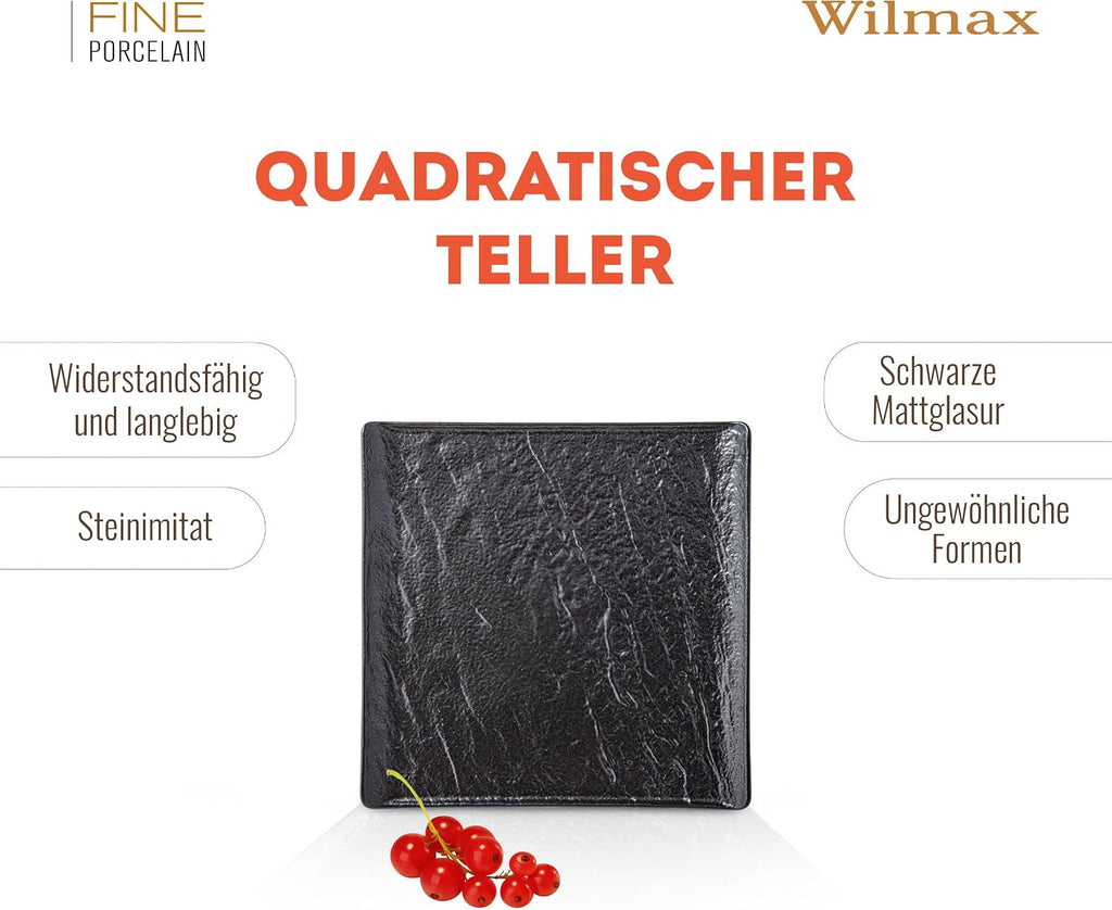 Wilmax Quadratische Servierplatte 13 × 13 cm 6er-Set Schwarz aus Porzellan