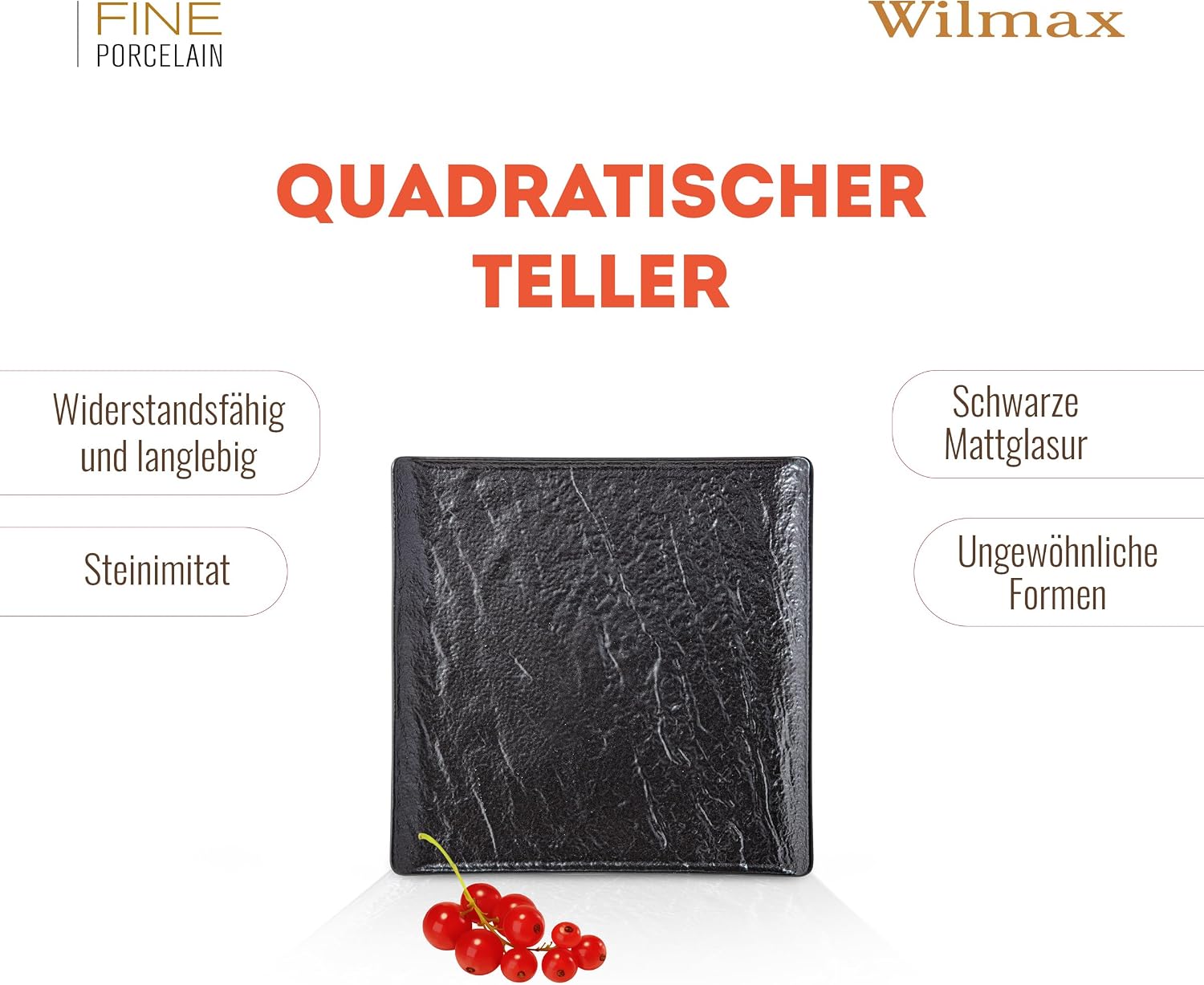 Wilmax Quadratische Servierplatte 13 × 13 cm 6er-Set Schwarz aus Porzellan