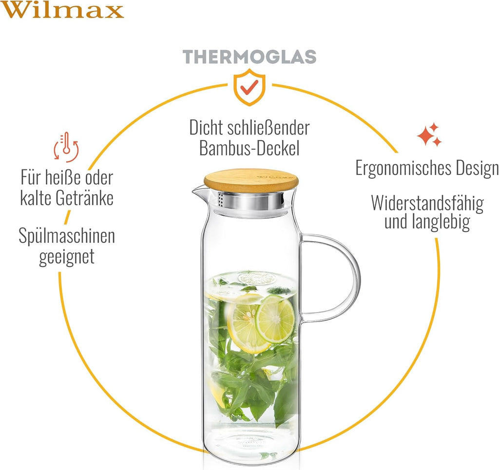 Wilmax Krug 1500 ml mit Bambusdeckel Transparent aus Thermoglas