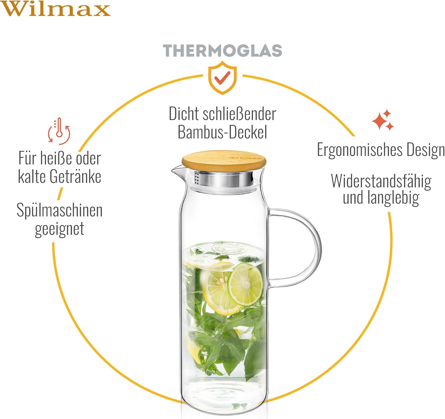 Wilmax Krug 1500 ml mit Bambusdeckel Transparent aus Thermoglas