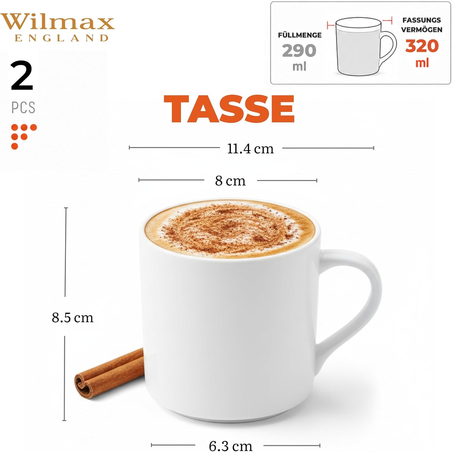 Wilmax Becher 320 ml 2er-Set Weiß aus Porzellan