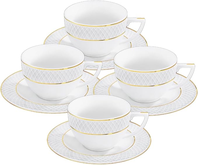 Wilmax Kaffeetasse mit Untertasse 90 ml 4er-Set Weiß mit goldfarbenem Dekor aus Porzellan