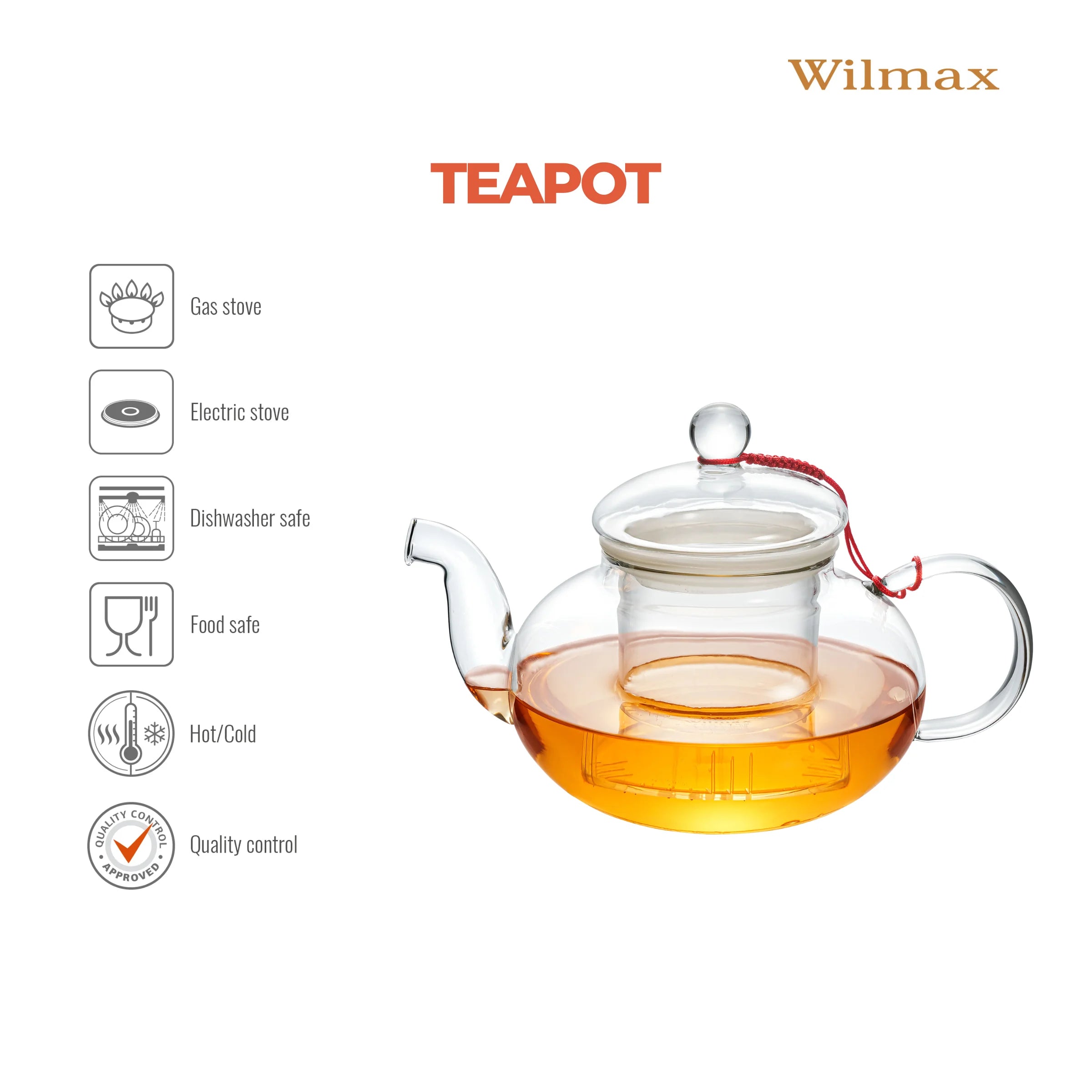 Wilmax Teekanne 620 ml mit Glasfilter Transparent aus Thermoglas