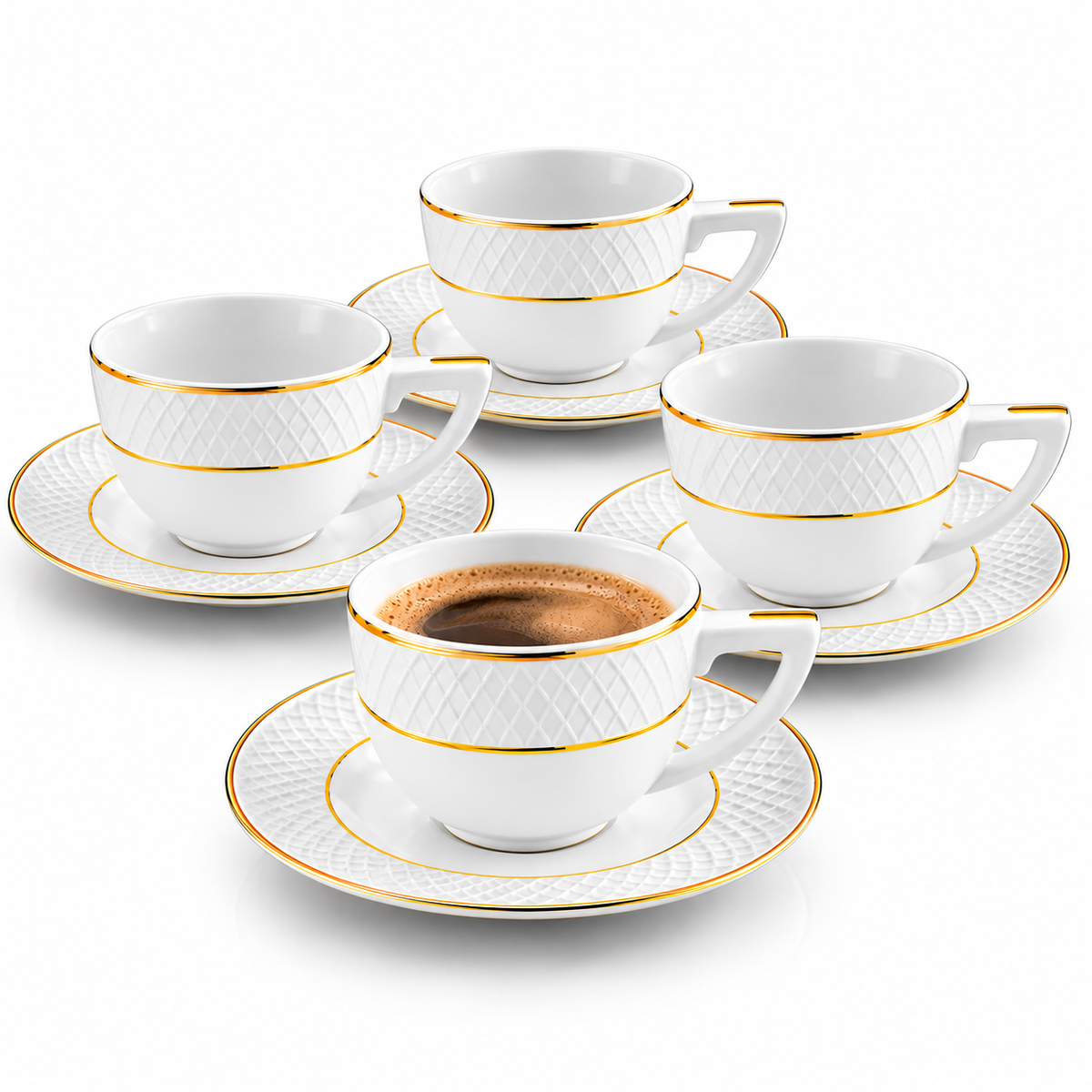 Wilmax Kaffeetasse mit Untertasse 90 ml 4er-Set Weiß mit goldfarbenem Dekor aus Porzellan