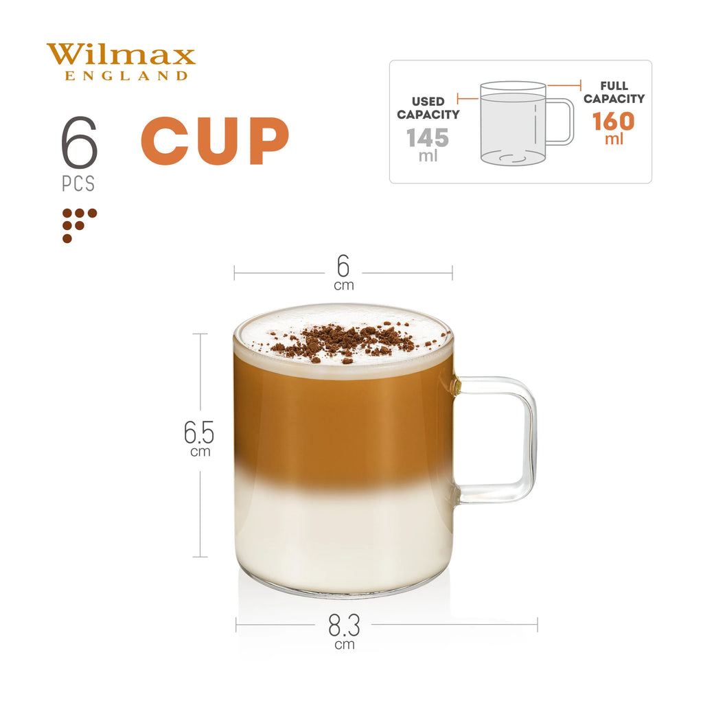 Wilmax Kaffeetasse 160 ml 6er-Set Transparent aus Borosilikatglas
