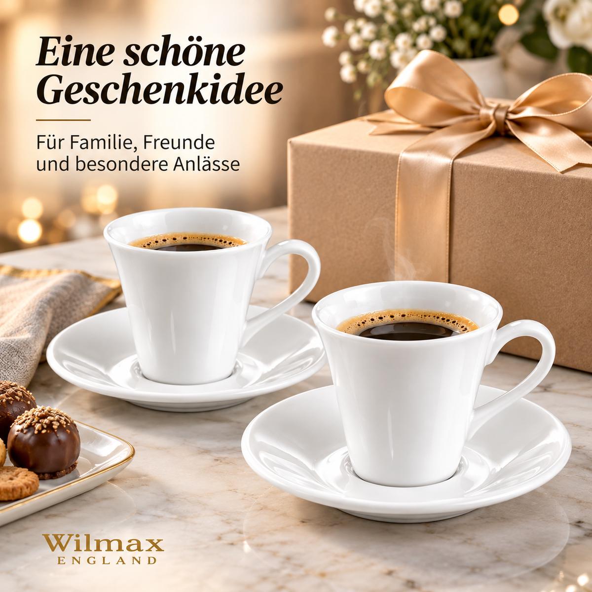 Wilmax Kaffeetassen mit Untertassen 160 ml 2er-Set Weiß aus Porzellan