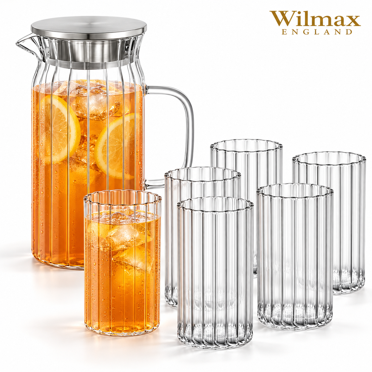 Wilmax Getränkeset 7-teilig mit Krug 1000 ml mit Edelstahldeckel und 6 geriffelte Gläser 200 ml