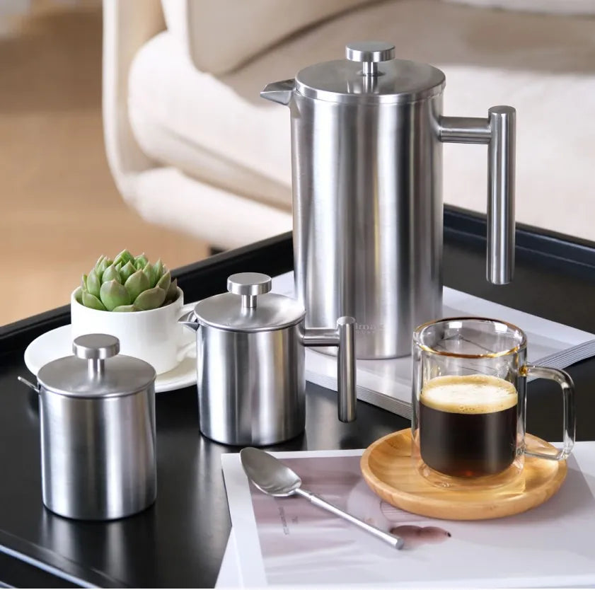 Wilmax Doppelwandige French Press 1000 ml Silber aus Edelstahl