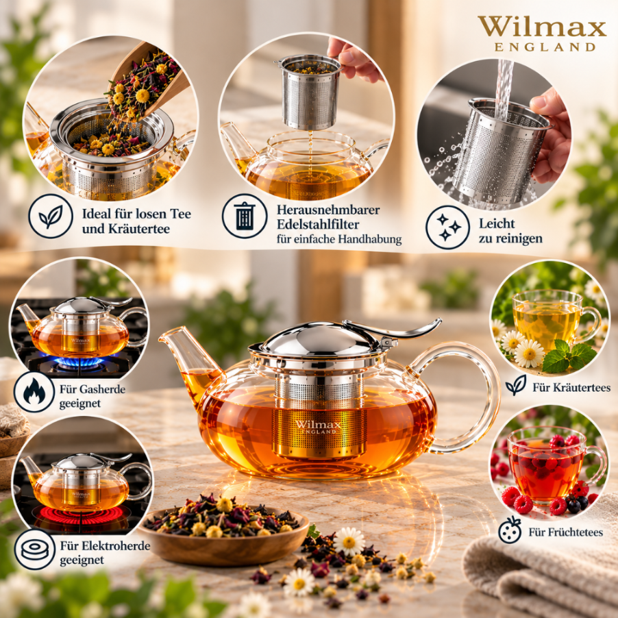 Wilmax Teekanne 650 ml mit Edelstahlfilter Transparent aus Thermoglas