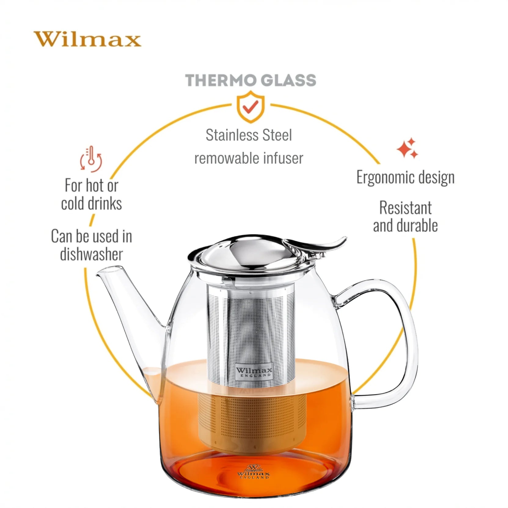 Wilmax Teekanne 1450 ml mit Edelstahlfilter Transparent aus Thermoglas