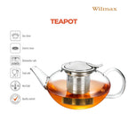 Wilmax Teekanne 1550 ml mit Edelstahlfilter Transparent aus Thermoglas