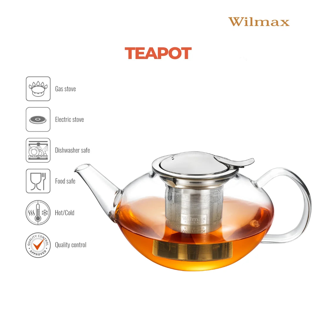 Wilmax Teekanne 1550 ml mit Edelstahlfilter Transparent aus Thermoglas