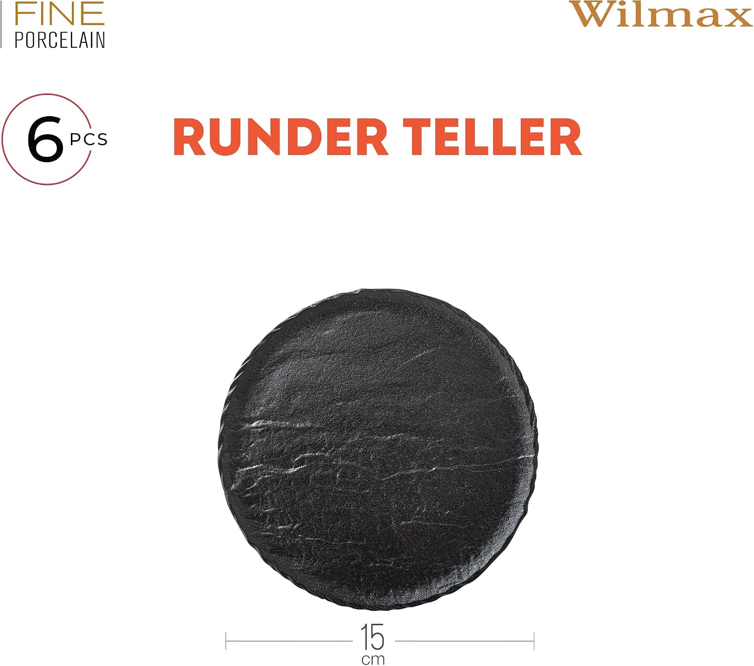 Wilmax Runder Teller 15,5 cm 6er-Set Schwarz aus Porzellan