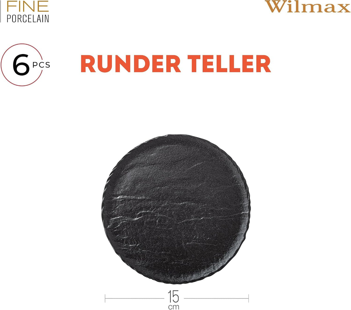 Wilmax Runder Teller 15,5 cm 6er-Set Schwarz aus Porzellan