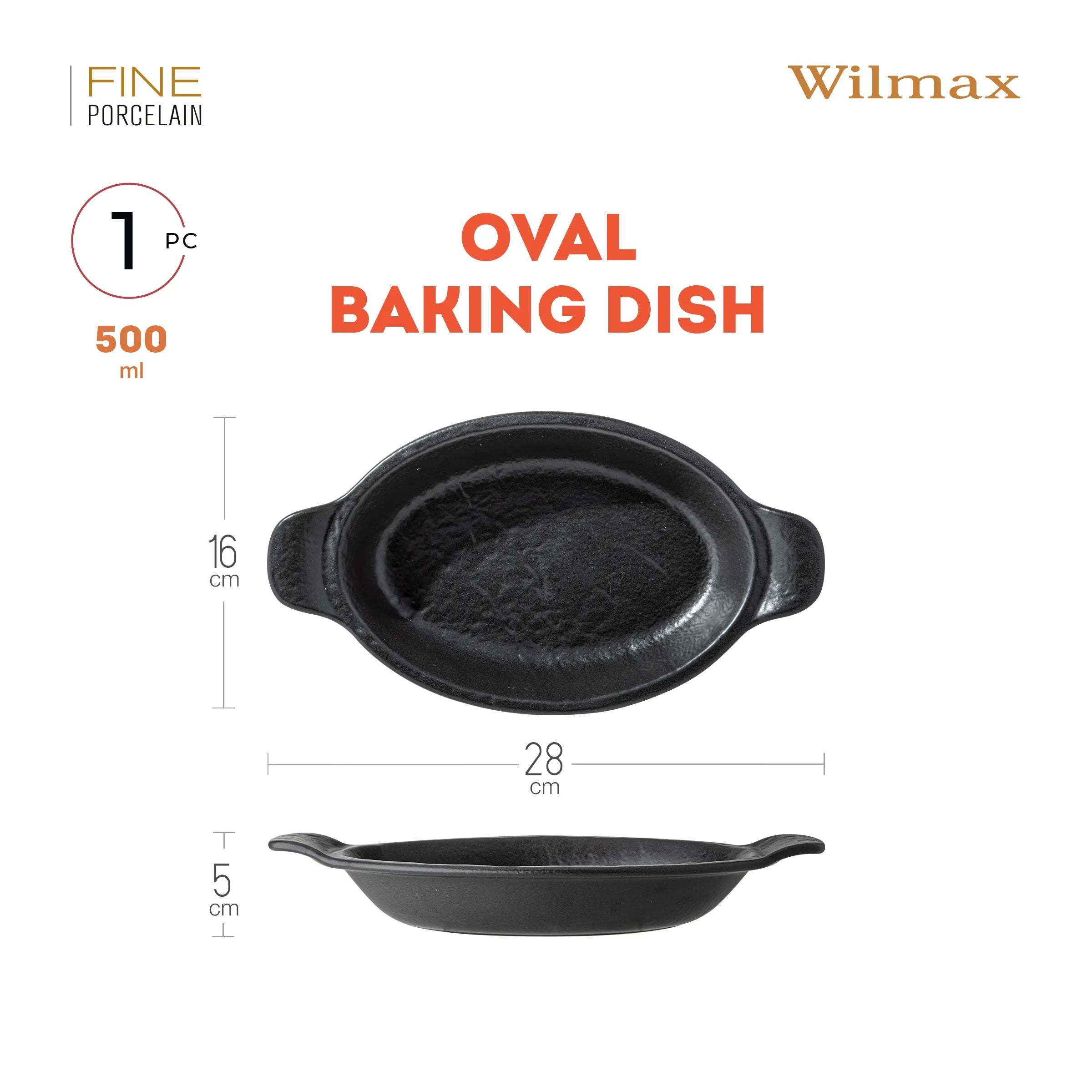 Wilmax Ovale Auflaufform 28 × 16 cm 500 ml Schwarz aus Porzellan