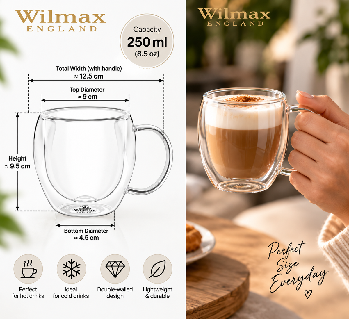 Wilmax Doppelwandiger Glasbecher 250 ml 6er-Set Transparent