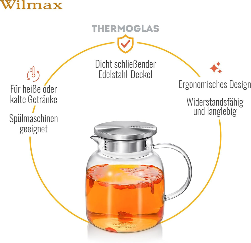 Wilmax Krug 1000 ml mit Edelstahldeckel und Filter Transparent aus Thermoglas