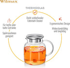 Wilmax Krug 1000 ml mit Edelstahldeckel und Filter Transparent aus Thermoglas