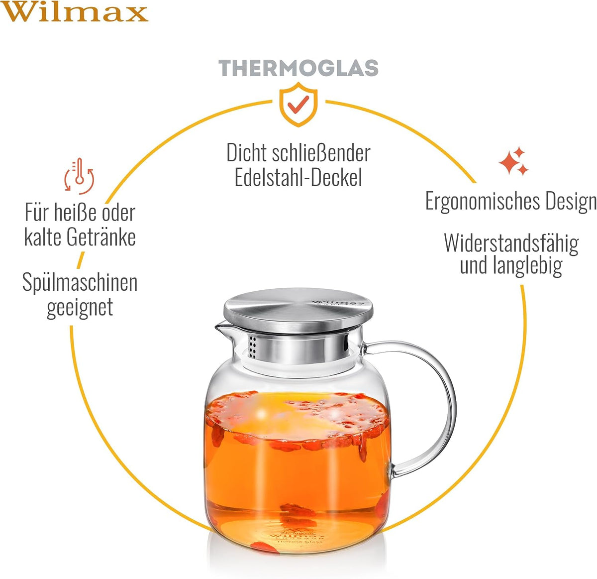 Wilmax Krug 1000 ml mit Edelstahldeckel und Filter Transparent aus Thermoglas