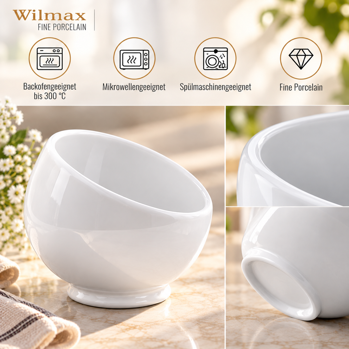 Wilmax Zuckerschale 8,5 × 9 cm 6er-Set Weiß aus Porzellan