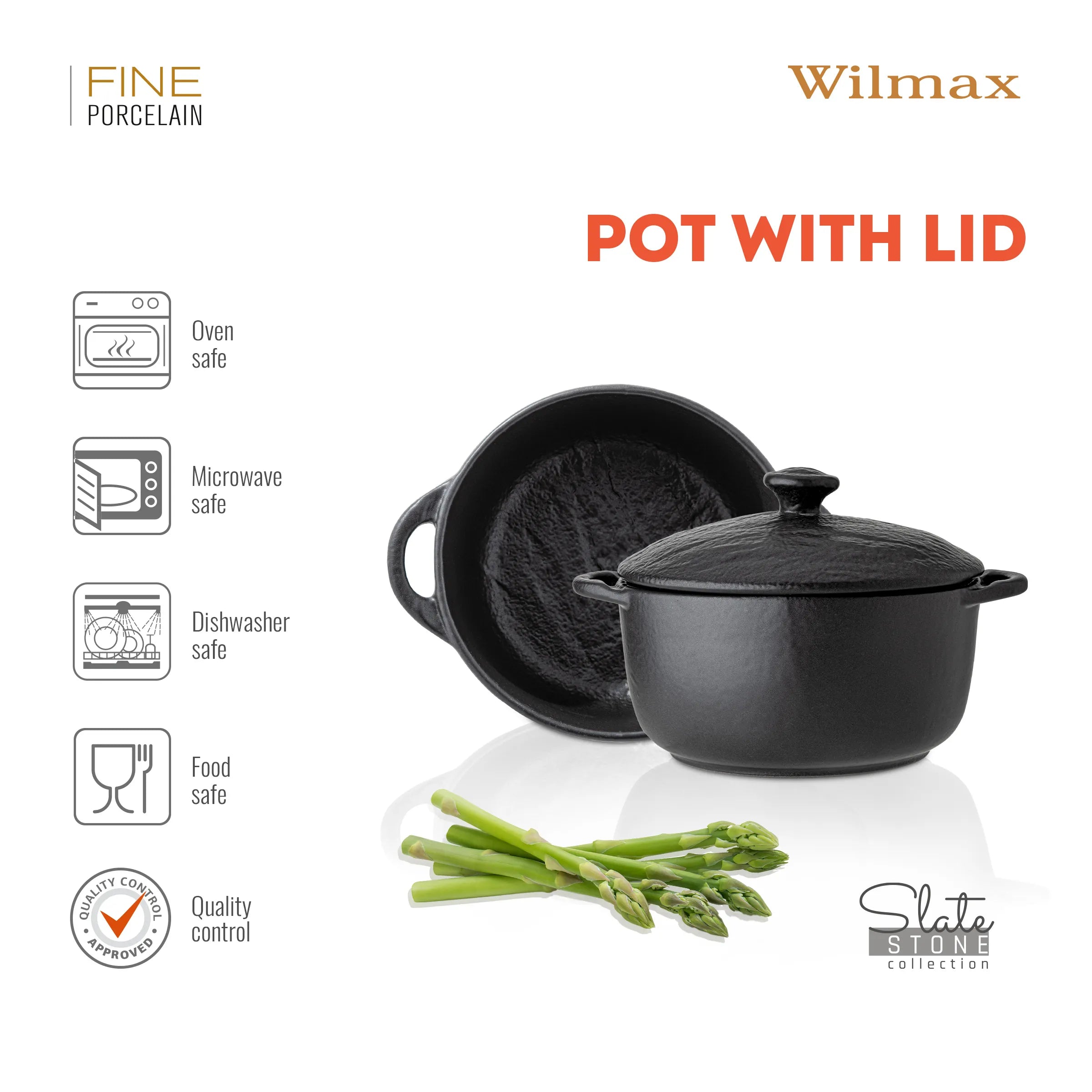 Wilmax Topf mit Deckel 600 ml Schwarz aus Porzellan