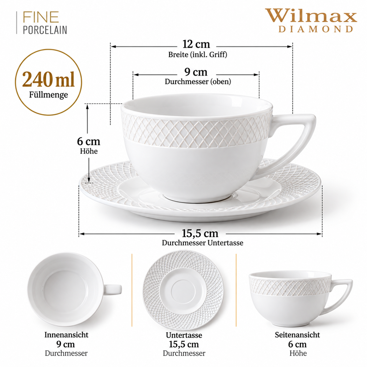 Wilmax Tasse mit Untertasse 240 ml Weiß aus Porzellan