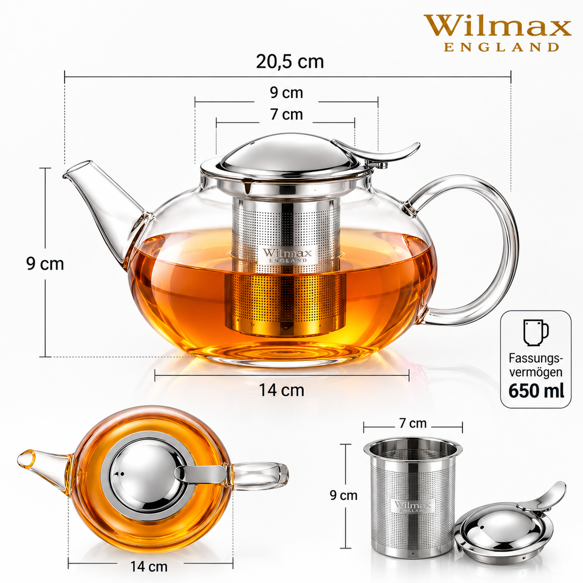 Wilmax Teekanne 650 ml mit Edelstahlfilter Transparent aus Thermoglas