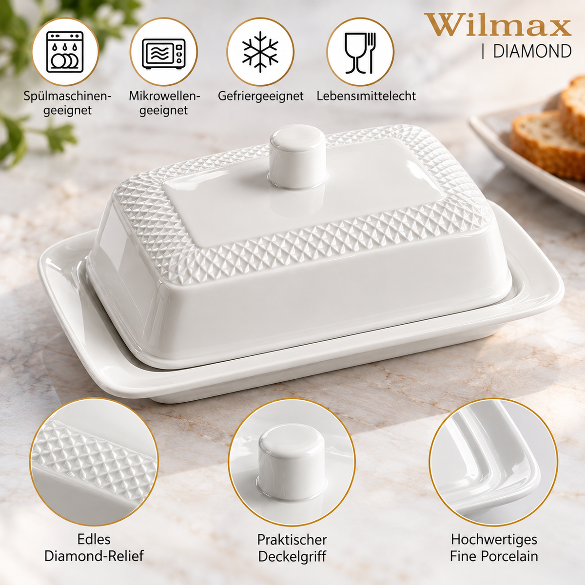 Wilmax Butterdose mit Deckel 18,5 × 12,5 × 7,5 cm Weiß aus Porzellan