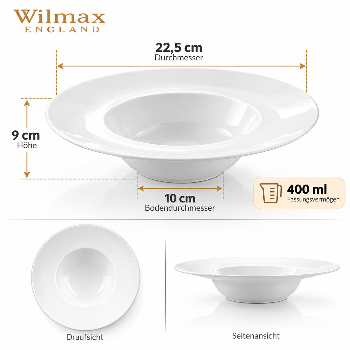 Wilmax Tiefer Teller 22,5 cm 400 ml Weiß aus Porzellan