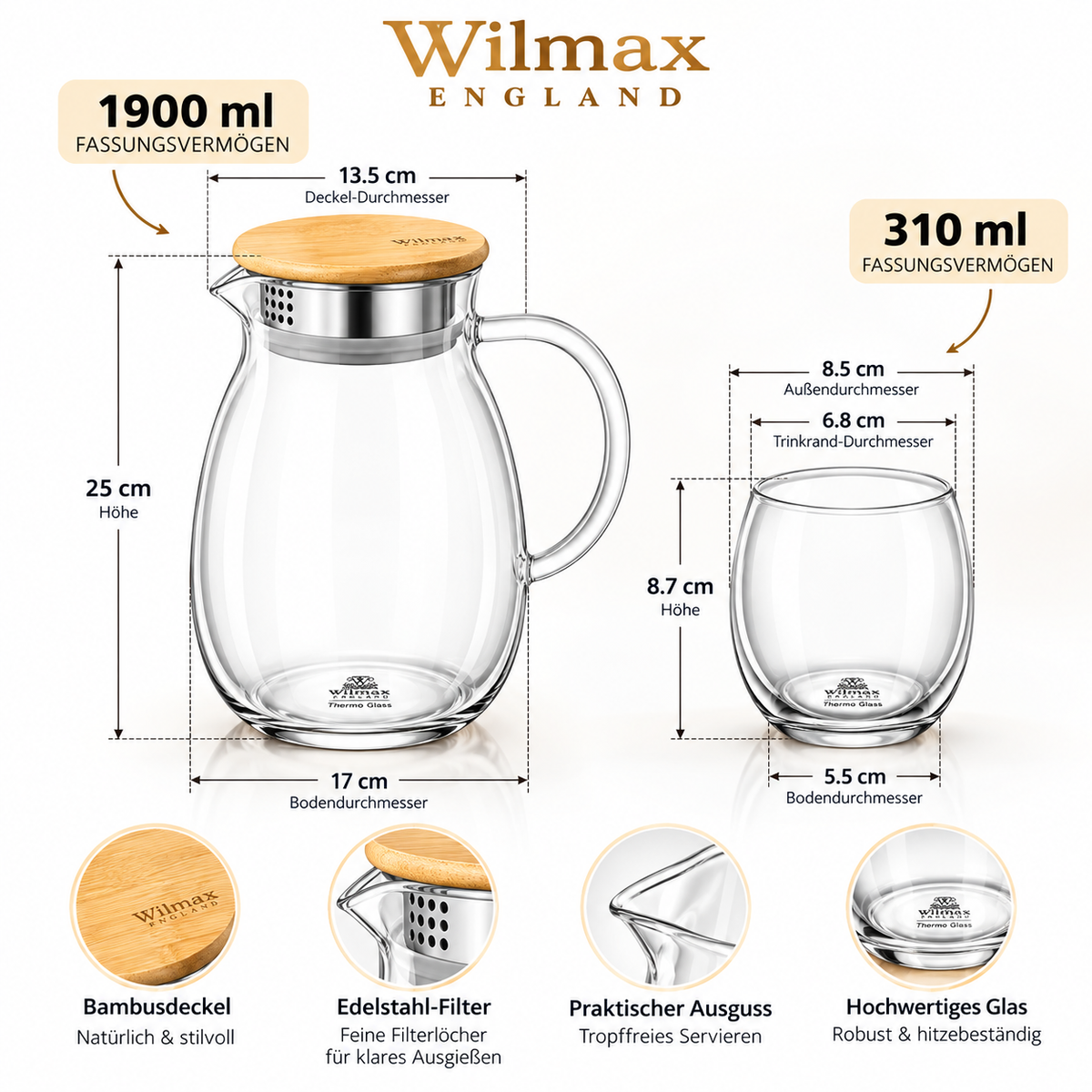 Wilmax Getränkeset 7-teilig mit Krug 1900 ml und 6 Thermogläsern 310 ml