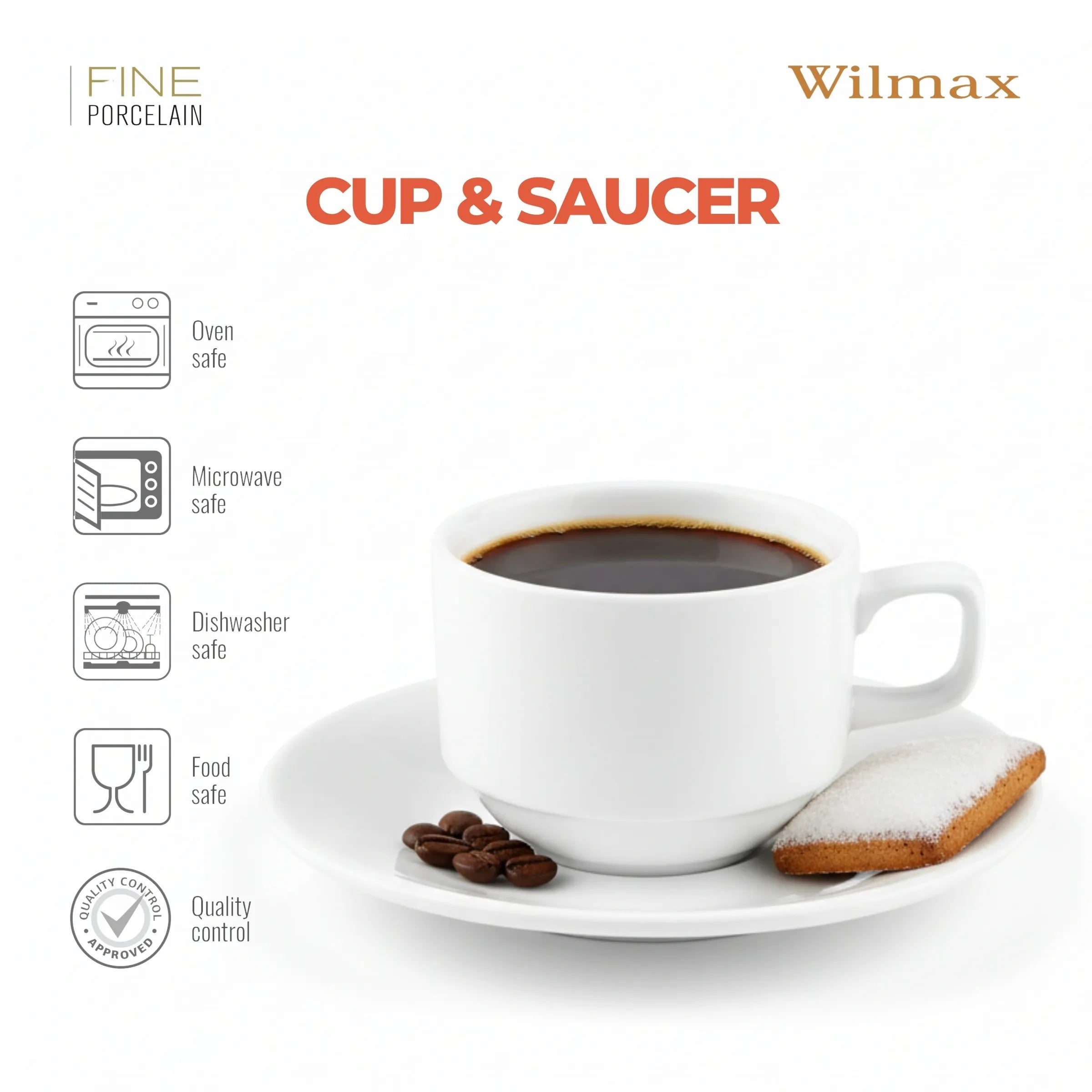 Wilmax Kaffeetassen mit Untertassen 140 ml 6er-Set Weiß aus Porzellan