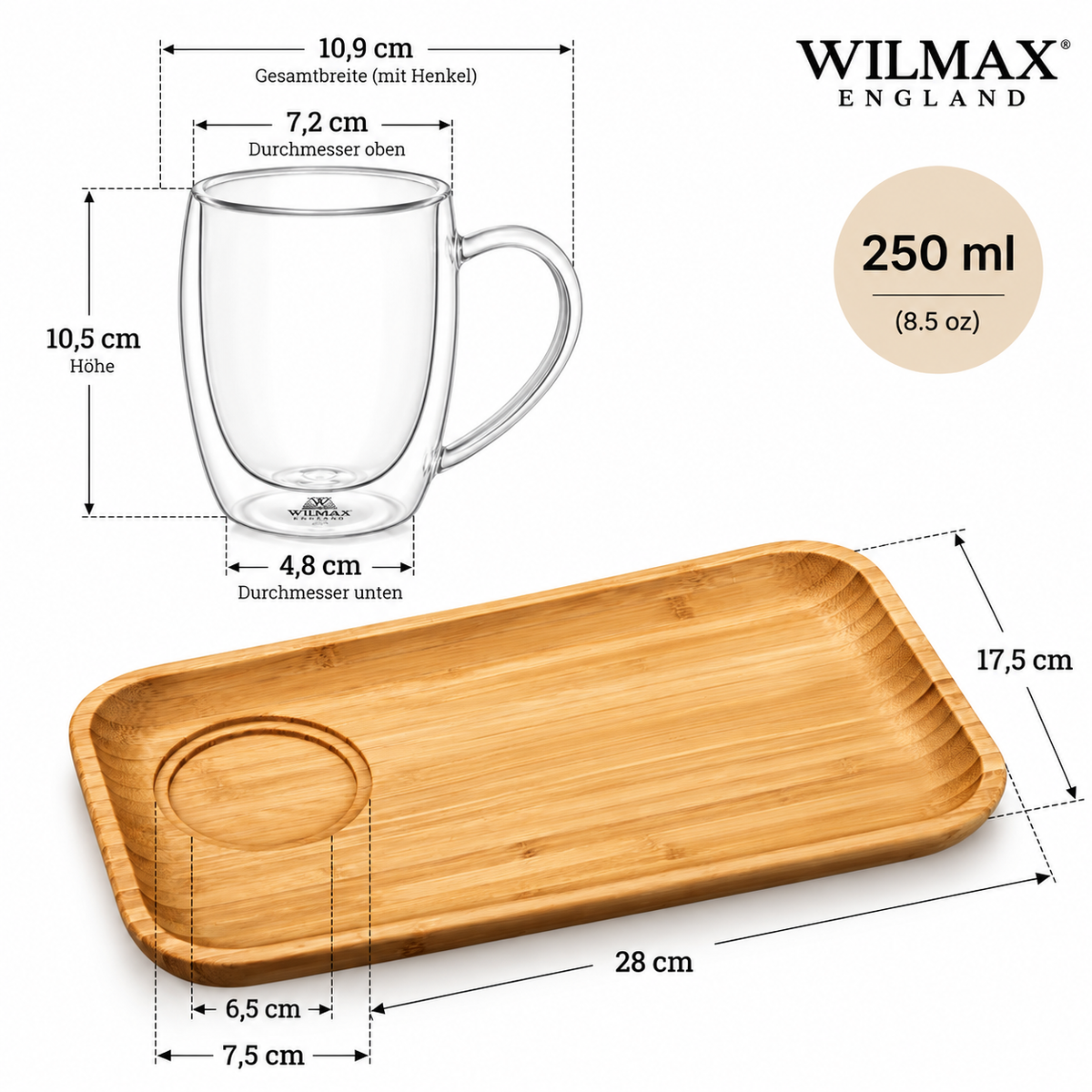 Wilmax Servierset 2-teilig mit Bambusteller 28 × 17,5 cm und Thermoglas 250 ml