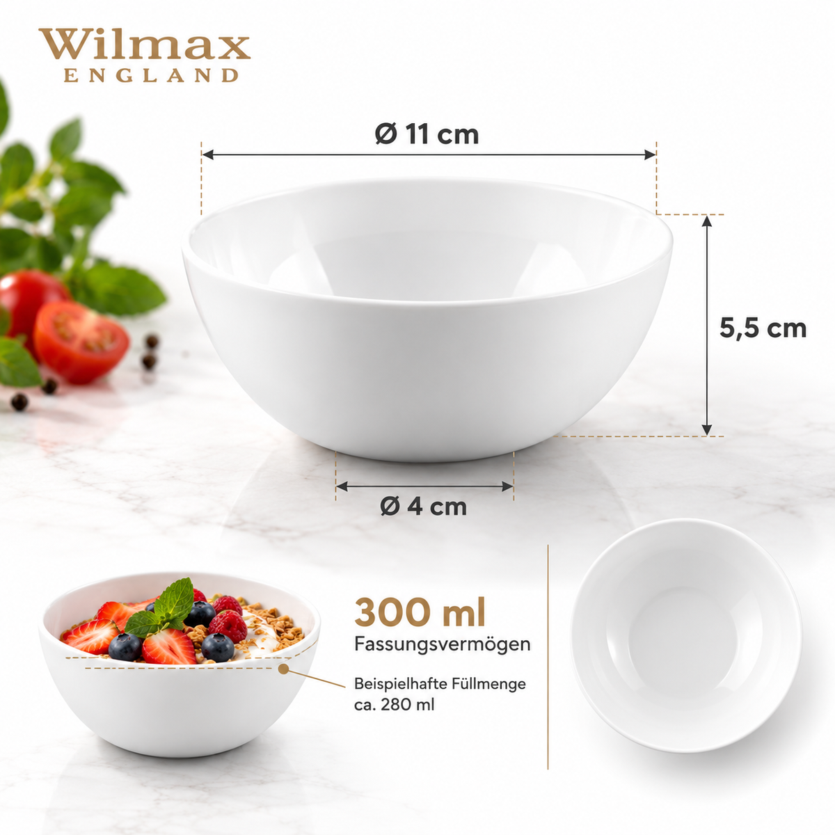 Wilmax Schale 11 cm 300 ml Weiß aus Porzellan