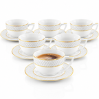 Wilmax Tasse mit Untertasse 240 ml 6er-Set Weiß mit goldfarbenem Dekor aus Porzellan