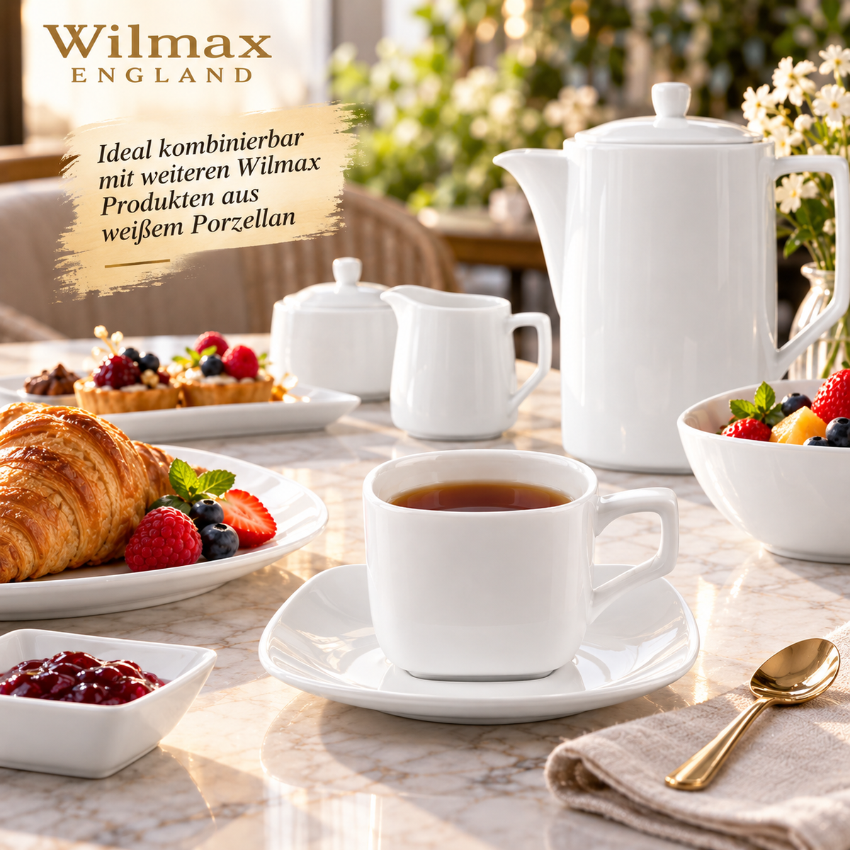 Wilmax Tasse mit Untertasse 200 ml quadratisch Weiß aus Porzellan